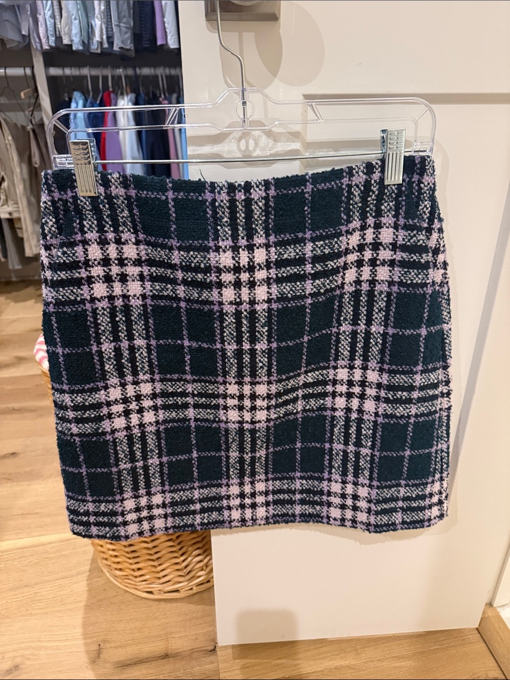 LOFT Pink & Dark Green Plaid Tweed Mini Skirt